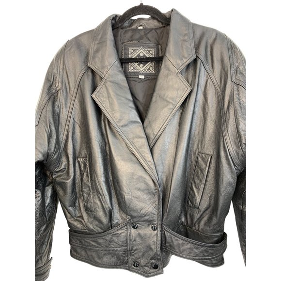 80s VTG Suzies Black Moto Leather Jacket Large Dolman Snap Crop Insulated 6729 - Picture 2 of 16